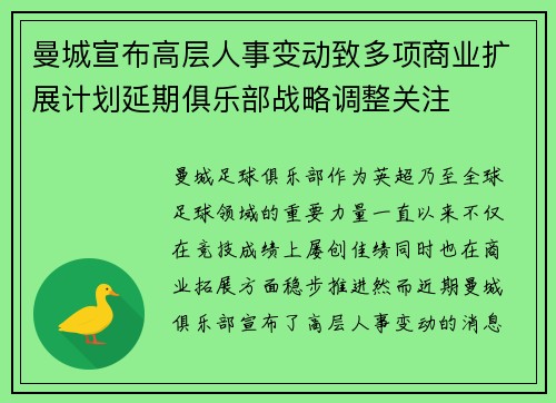 曼城宣布高层人事变动致多项商业扩展计划延期俱乐部战略调整关注