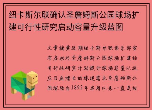 纽卡斯尔联确认圣詹姆斯公园球场扩建可行性研究启动容量升级蓝图