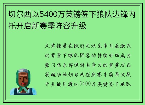 切尔西以5400万英镑签下狼队边锋内托开启新赛季阵容升级